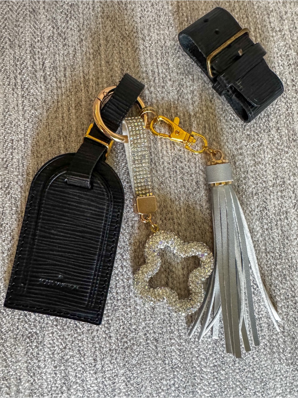 Authentic Louis Vuitton Black Epi Leather Luggage Tag with Custom Bag Charm